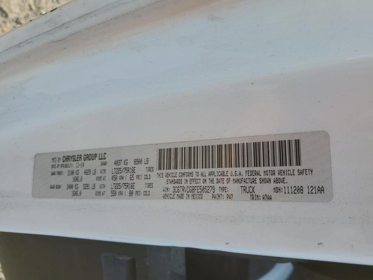 2015 Ram Promaster Delivery Van VIN: 3C6TRVDG8FE505279 Lot: 91200275