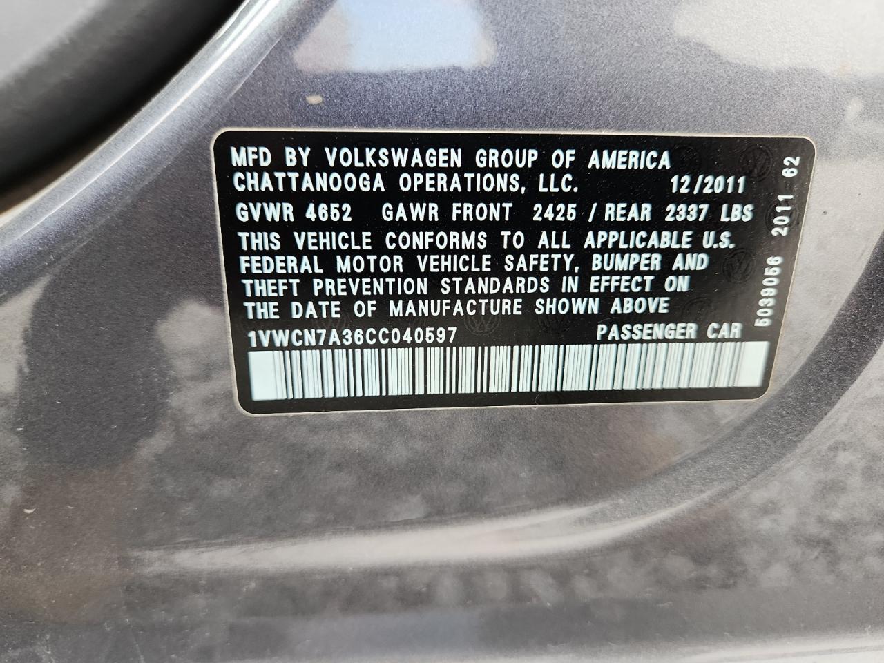 2012 Volkswagen Passat Sel VIN: 1VWCN7A36CC040597 Lot: 93033705