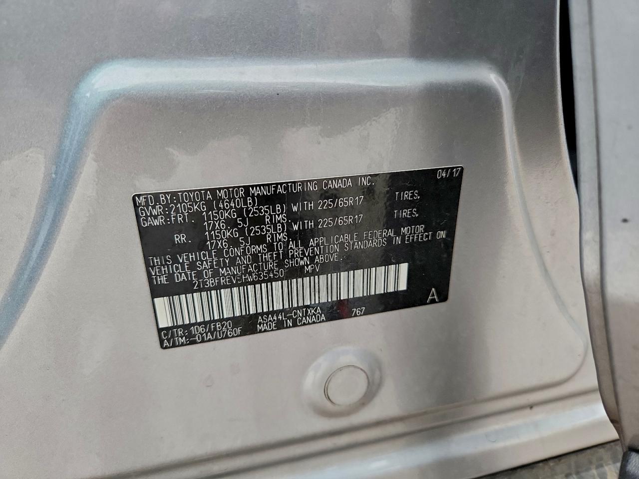 2017 Toyota Rav4 Le VIN: 2T3BFREV5HW635450 Lot: 92749815