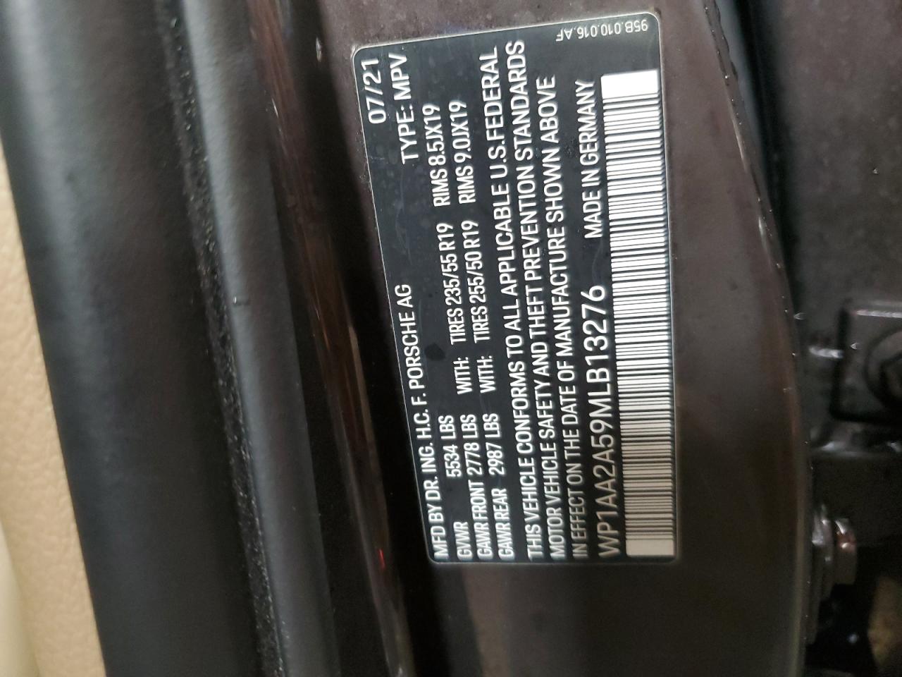 2021 Porsche Macan VIN: WP1AA2A59MLB13276 Lot: 93477415