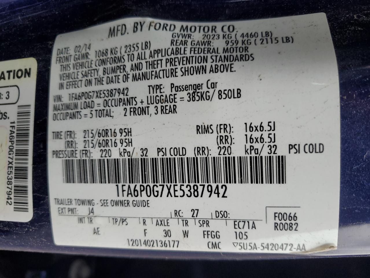 2014 Ford Fusion S VIN: 1FA6P0G7XE5387942 Lot: 91414725