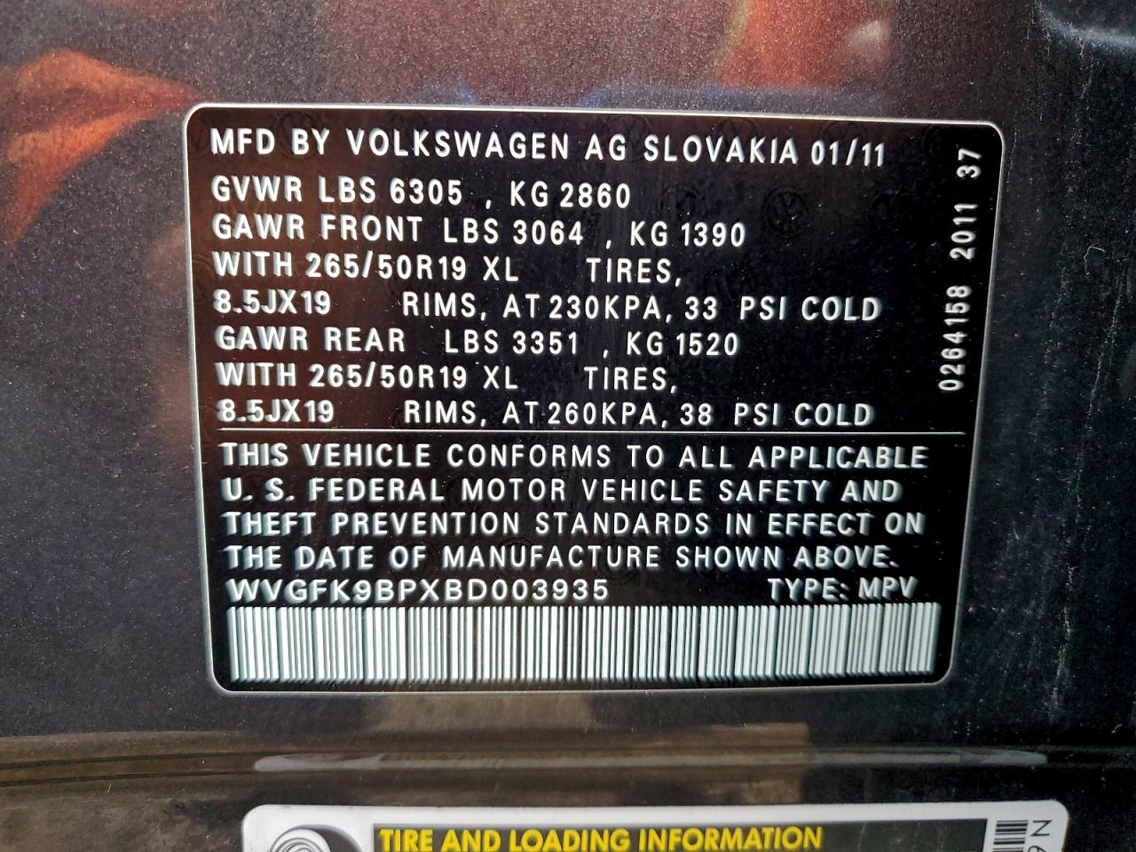 2011 Volkswagen Touareg V6 Tdi VIN: WVGFK9BPXBD003935 Lot: 93716145
