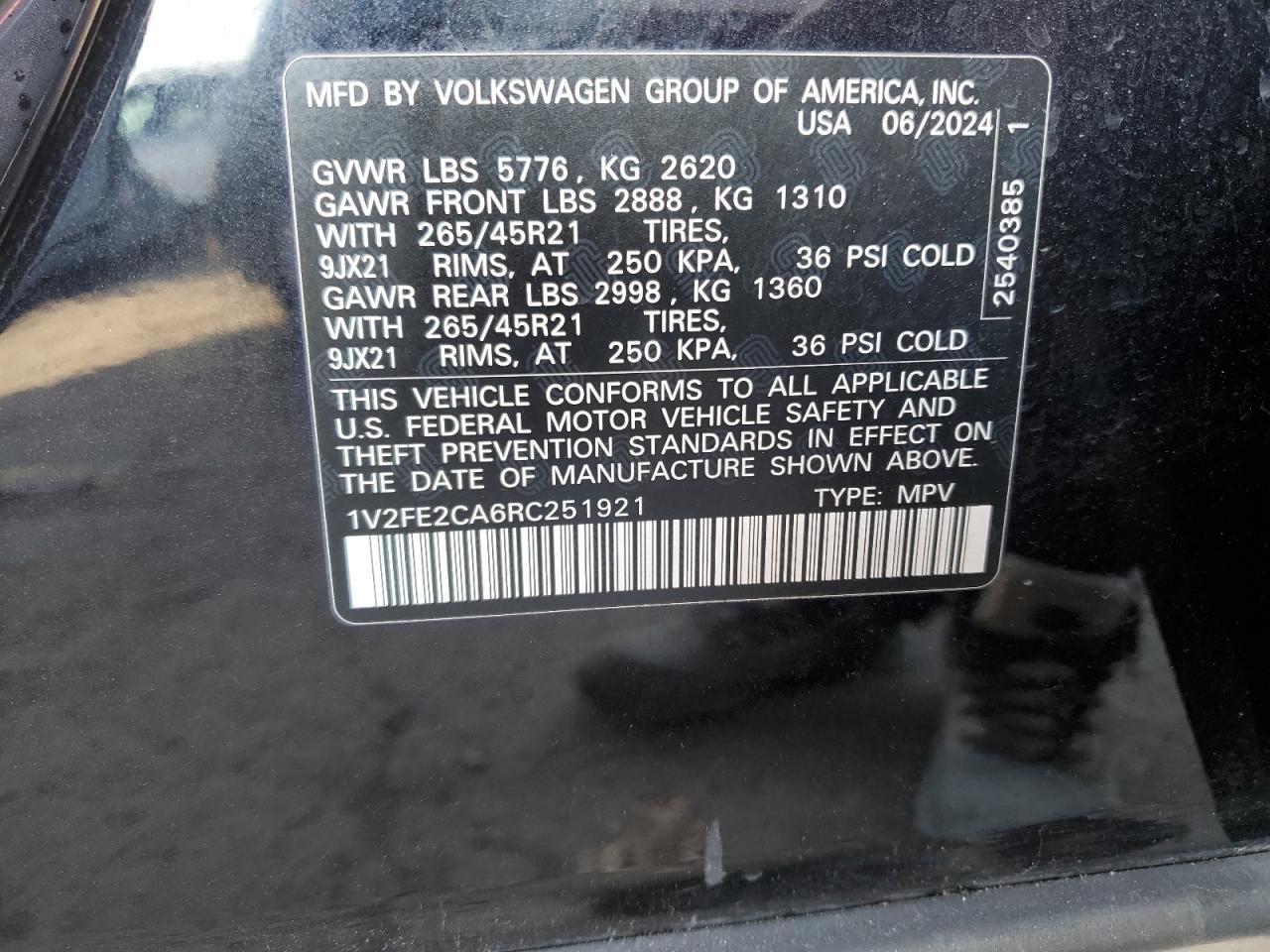 2024 Volkswagen Atlas Cross Sport Sel Premium R-Line VIN: 1V2FE2CA6RC251921 Lot: 93017545