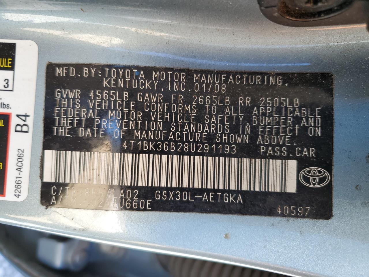 2008 Toyota Avalon Xl VIN: 4T1BK36B28U291193 Lot: 92379585