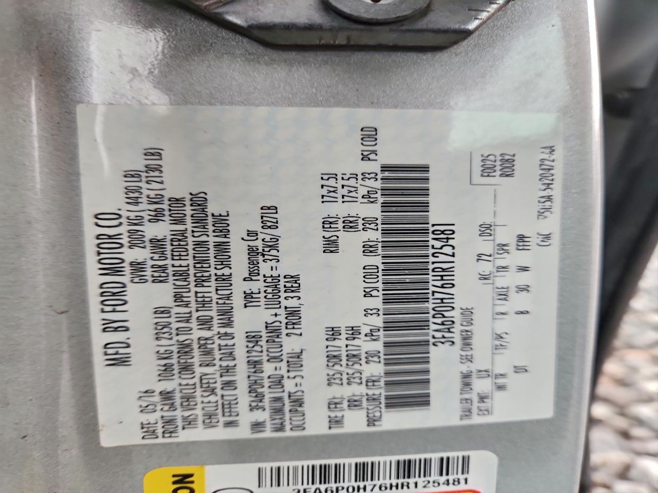 2017 Ford Fusion Se VIN: 3FA6P0H76HR125481 Lot: 94333035