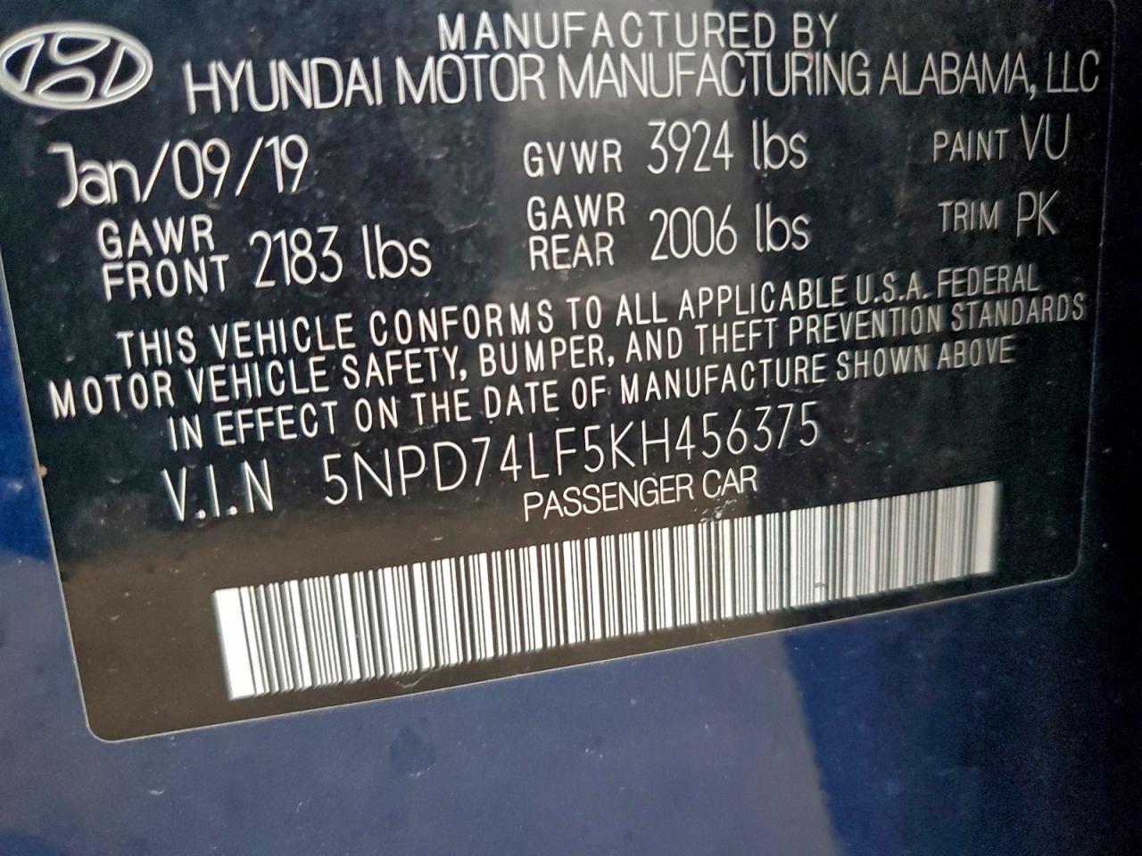 2019 Hyundai Elantra Se VIN: 5NPD74LF5KH456375 Lot: 93733275