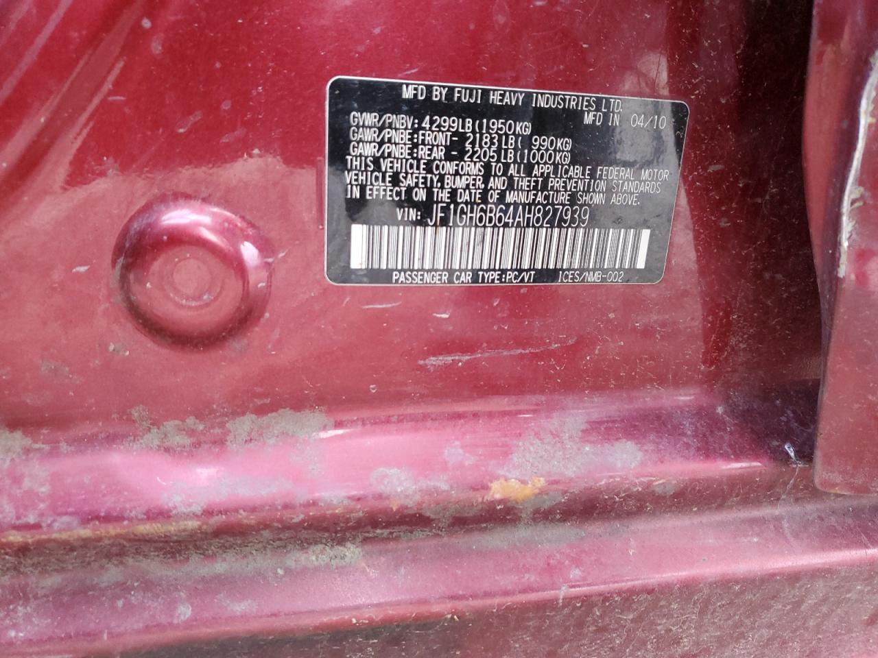 2010 Subaru Impreza 2.5I Premium VIN: JF1GH6B64AH827939 Lot: 92394345