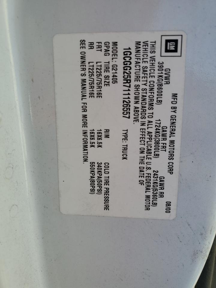 2001 Chevrolet Express G2500 VIN: 1GCGG25R711126557 Lot: 92417675