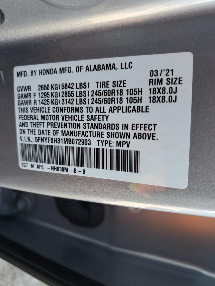 2021 Honda Pilot Ex VIN: 5FNYF6H31MB072903 Lot: 91439065