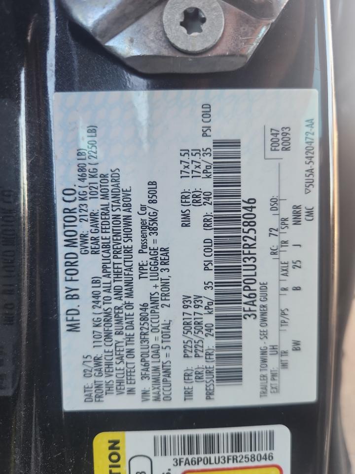 2015 Ford Fusion Se Hybrid VIN: 3FA6P0LU3FR258046 Lot: 91922985