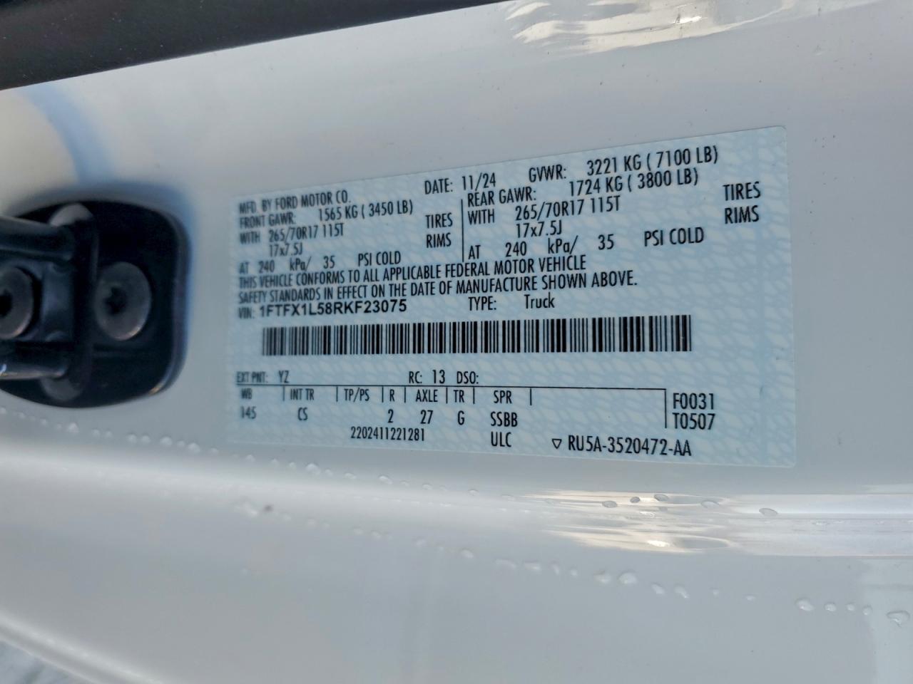 2024 Ford F150 Xl VIN: 1FTFX1L58RKF23075 Lot: 93939325