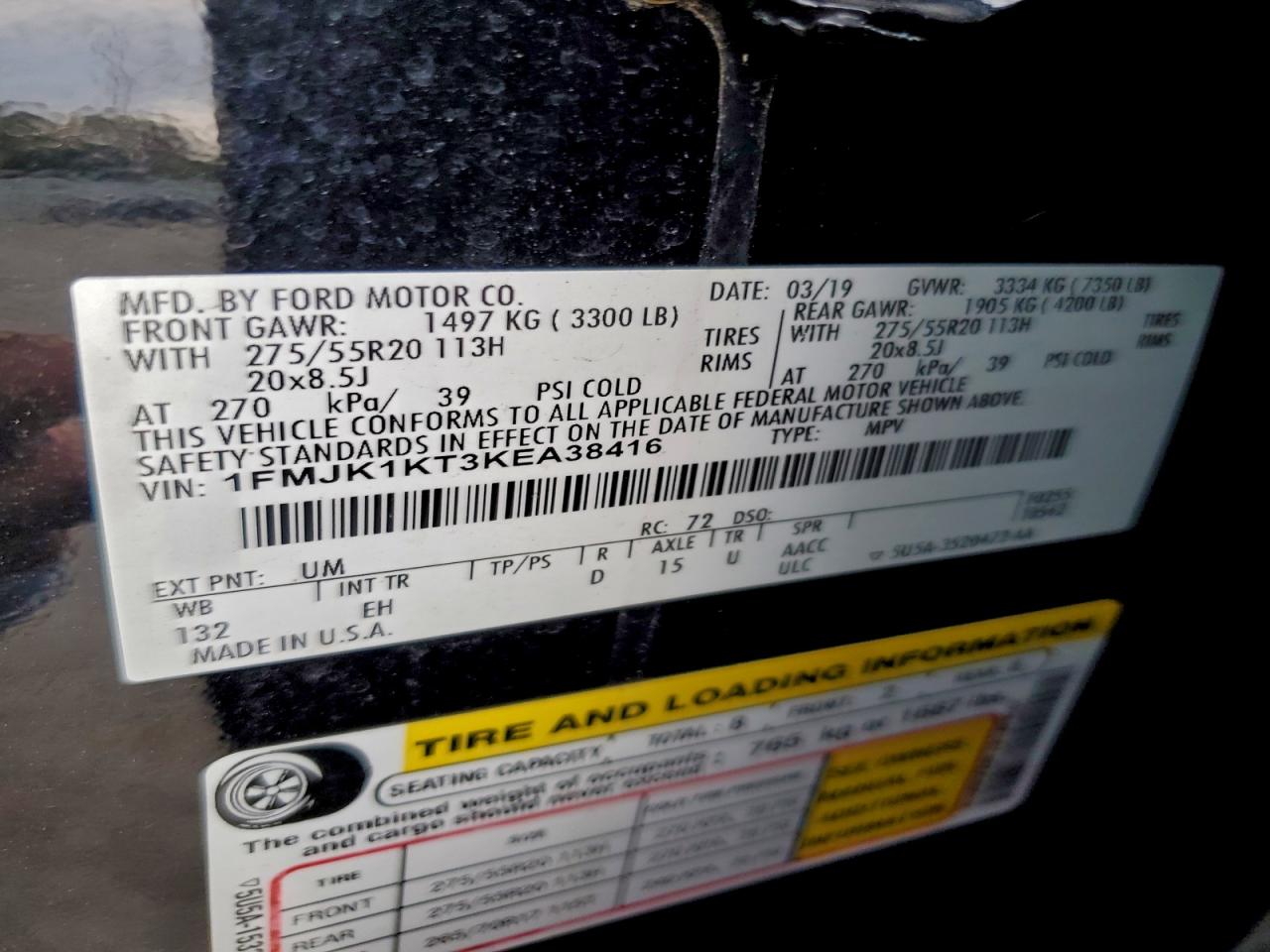 2019 Ford Expedition Max Limited VIN: 1FMJK1KT3KEA38416 Lot: 93696955