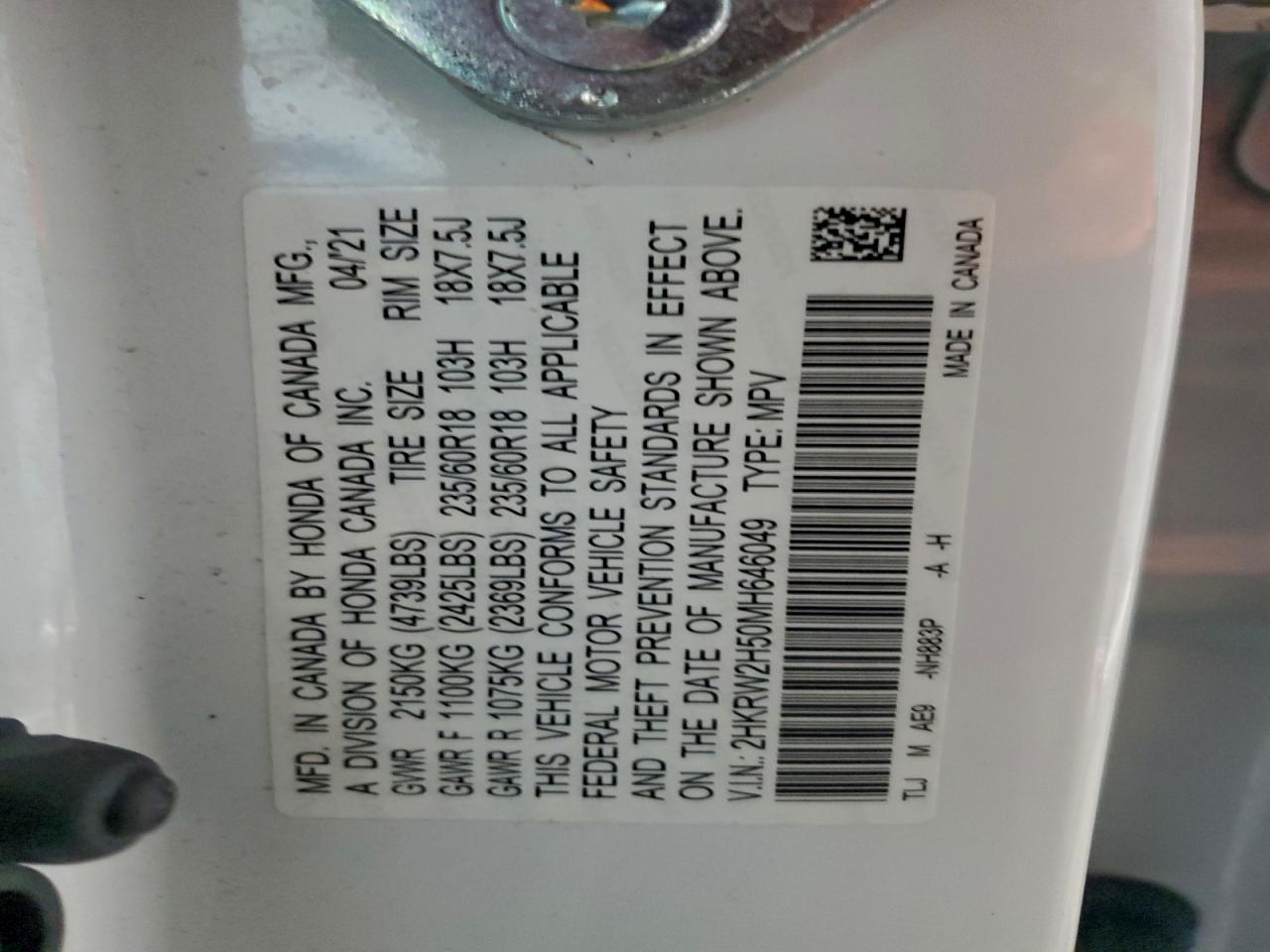 2021 Honda Cr-V Ex VIN: 2HKRW2H50MH646049 Lot: 94688345