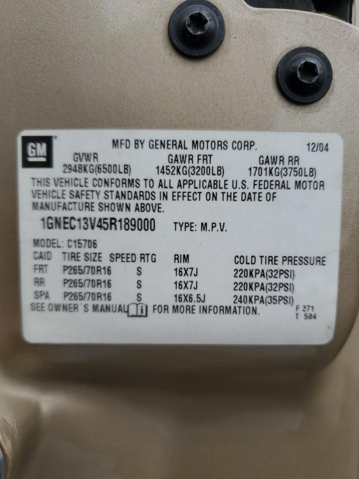 2005 Chevrolet Tahoe C1500 VIN: 1GNEC13V45R189000 Lot: 93100935