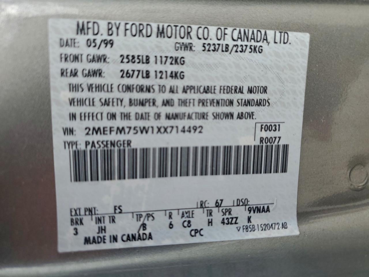 1999 Mercury Grand Marquis Ls VIN: 2MEFM75W1XX714492 Lot: 93039745