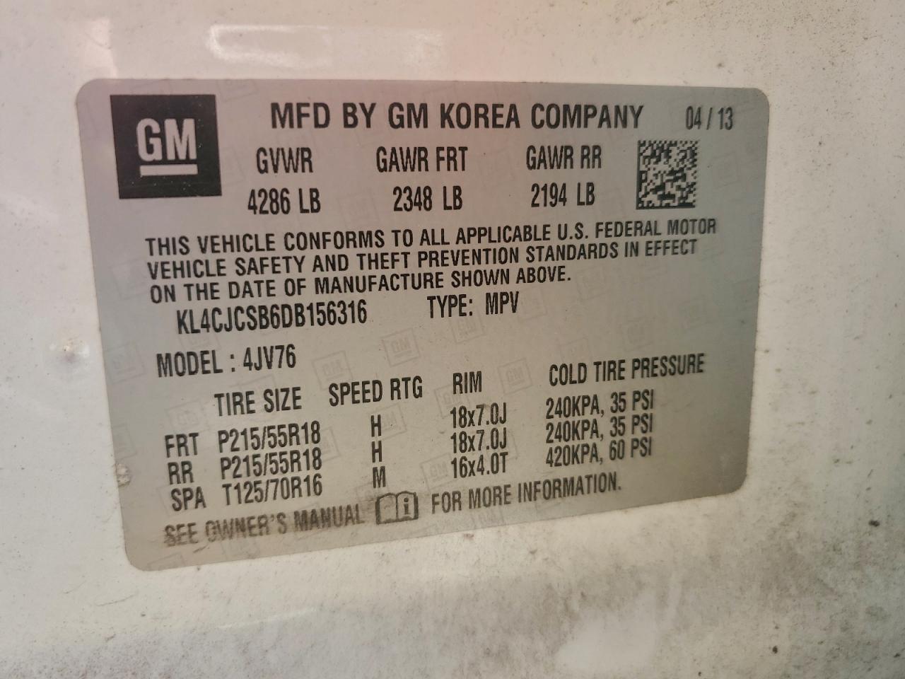 2013 Buick Encore VIN: KL4CJCSB6DB156316 Lot: 94774795