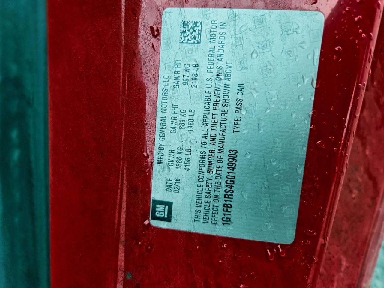 2016 Chevrolet Camaro Lt VIN: 1G1FB1RS4G0149903 Lot: 93362895