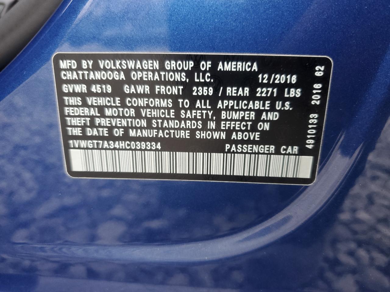 2017 Volkswagen Passat Se VIN: 1VWGT7A34HC039334 Lot: 89882295