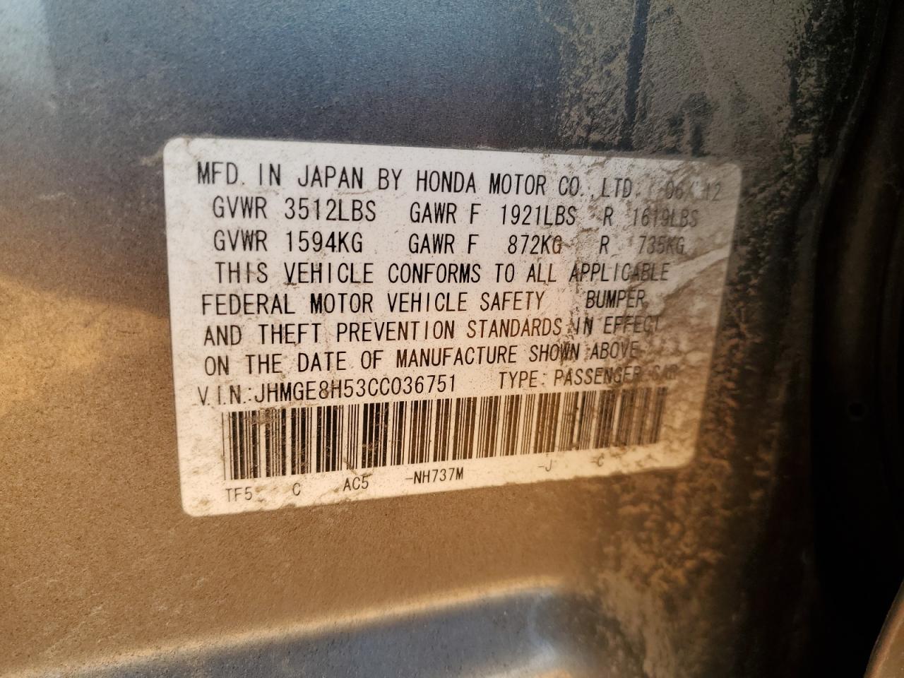2012 Honda Fit Sport VIN: JHMGE8H53CC036751 Lot: 91879245