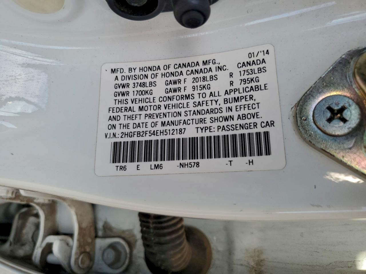 2014 Honda Civic Lx VIN: 2HGFB2F54EH512187 Lot: 94146145