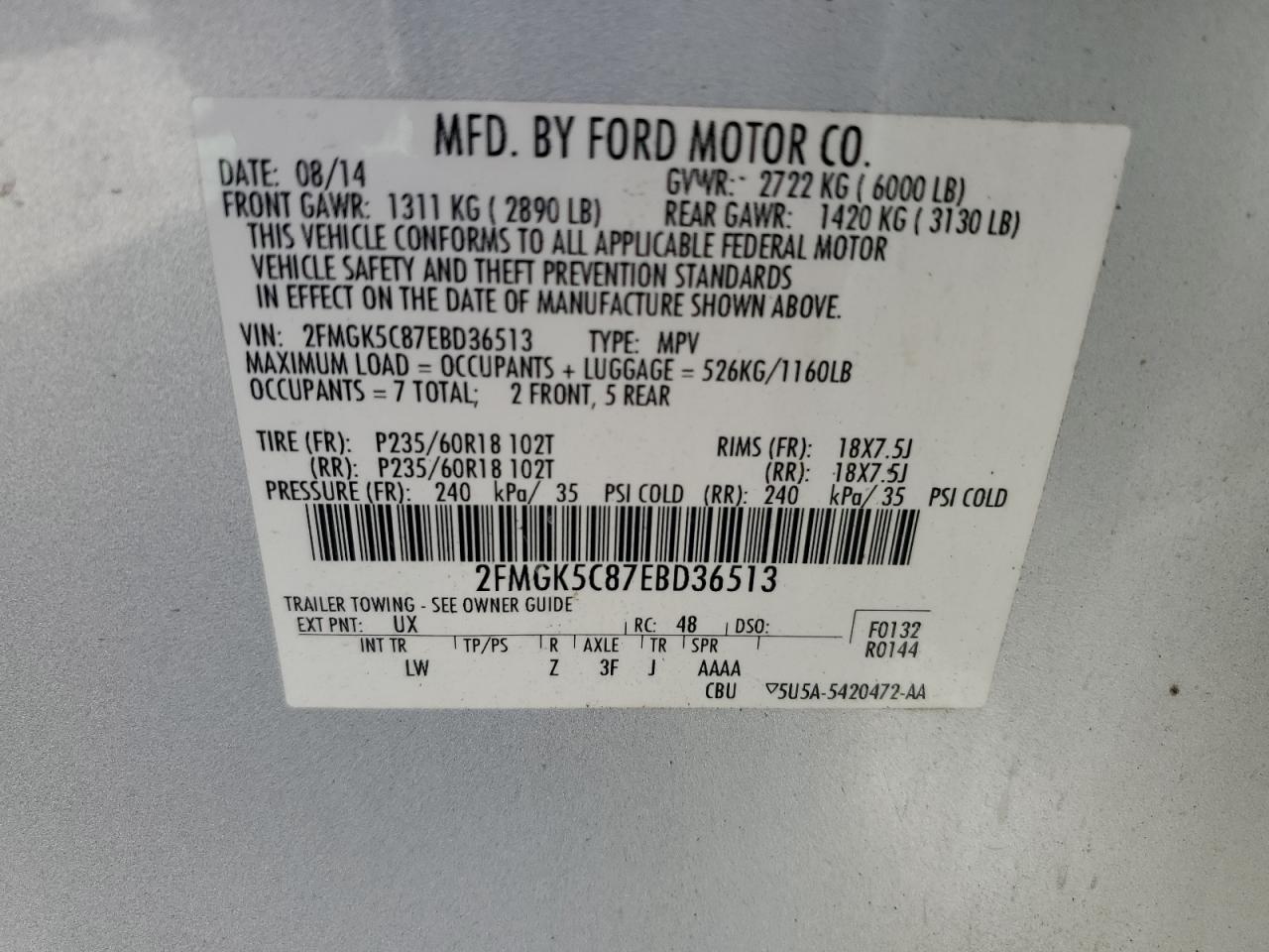 2014 Ford Flex Sel VIN: 2FMGK5C87EBD36513 Lot: 92906665