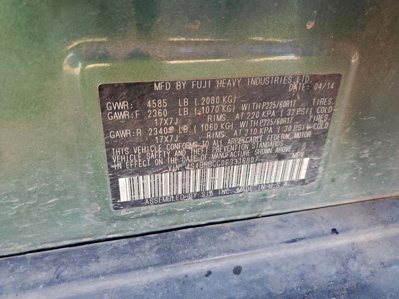 2014 Subaru Outback 2.5I Premium VIN: 4S4BRBCC0E3316807 Lot: 94468015