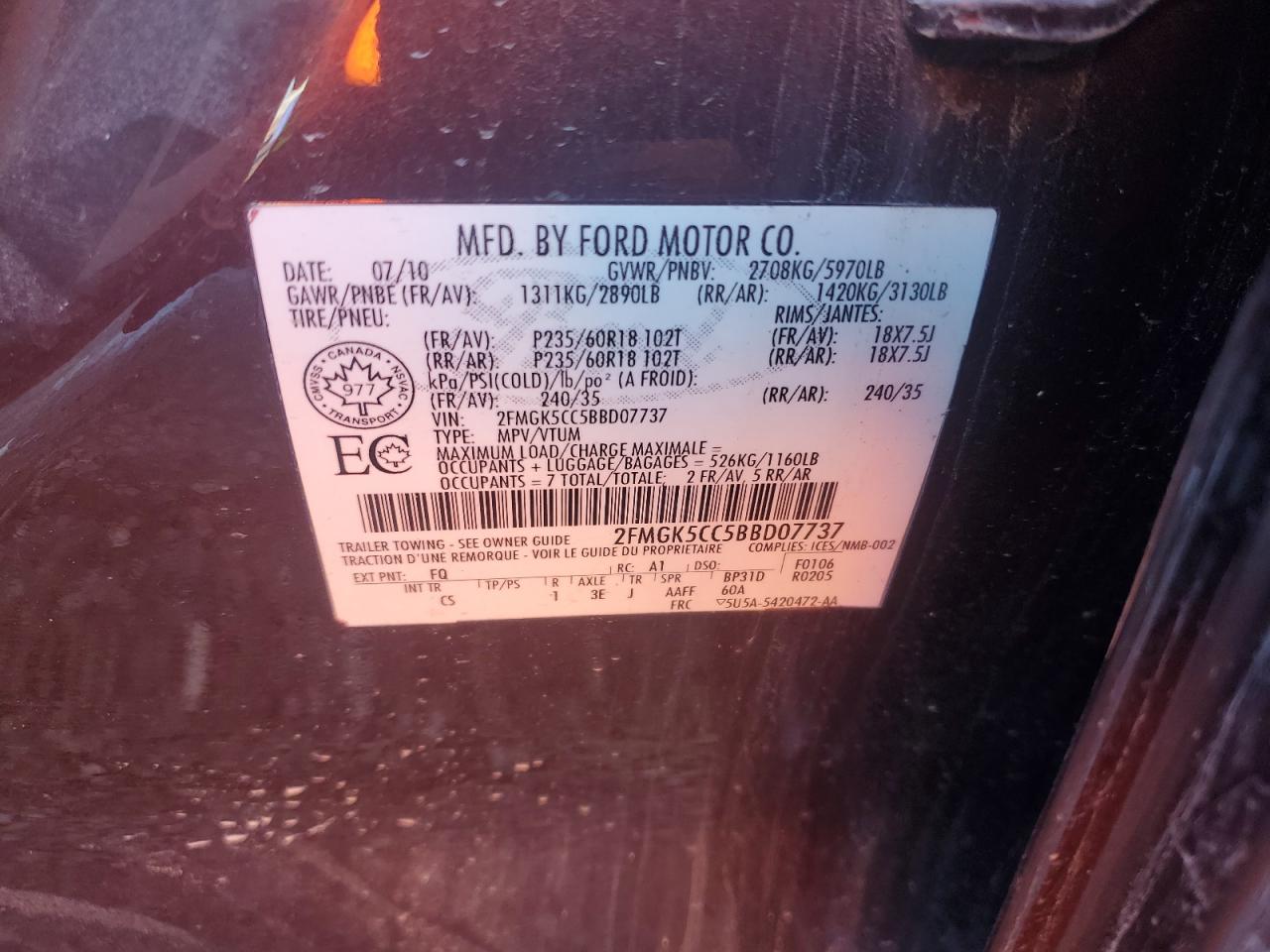 2011 Ford Flex Sel VIN: 2FMGK5CC5BBD07737 Lot: 92625465