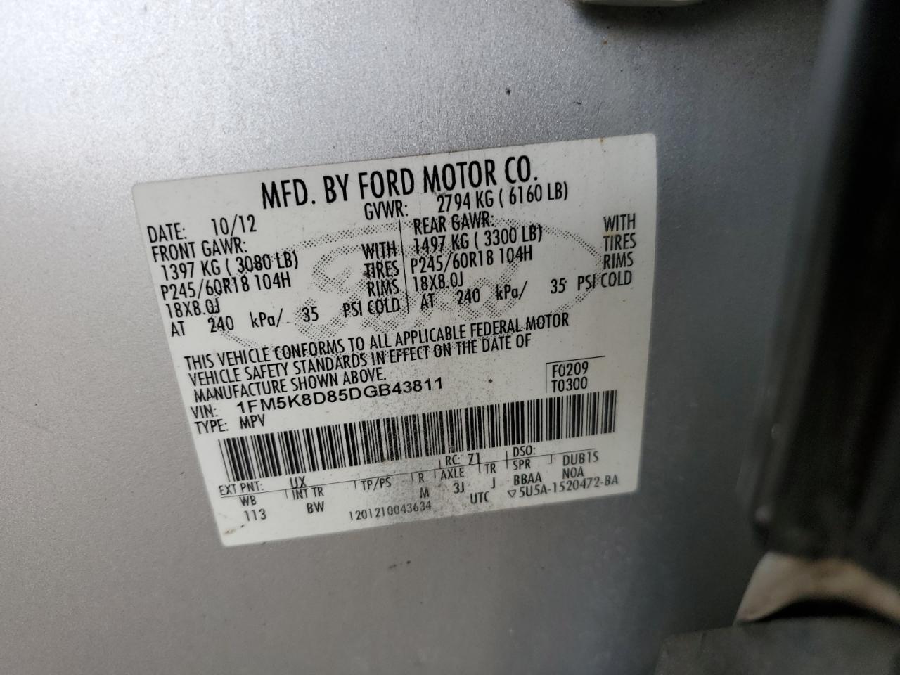 2013 Ford Explorer Xlt VIN: 1FM5K8D85DGB43811 Lot: 91326895