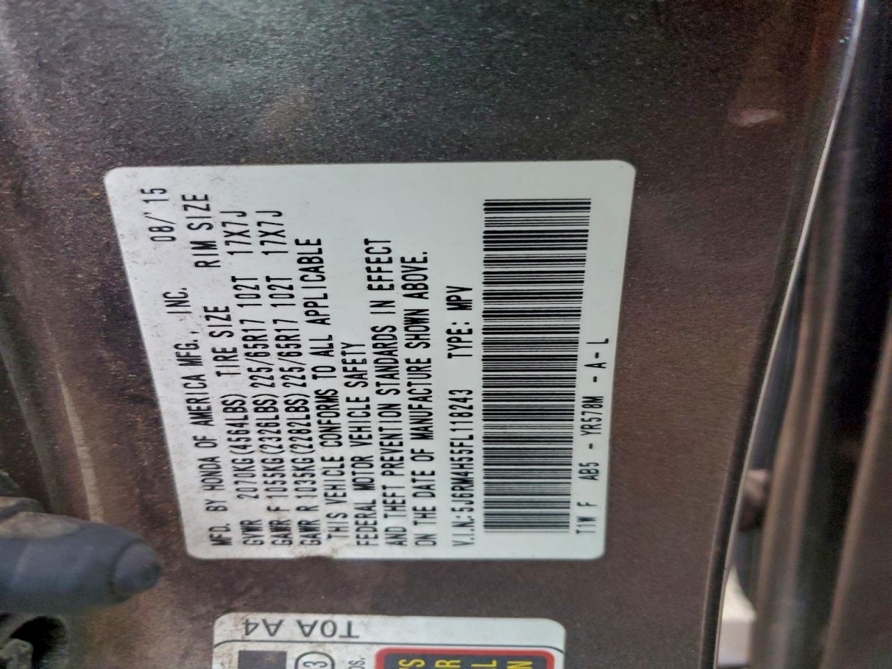 2015 Honda Cr-V Ex VIN: 5J6RM4H55FL118243 Lot: 93926105