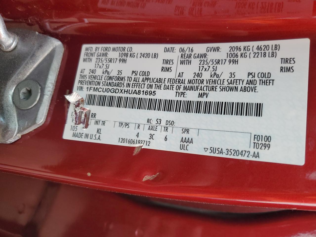 2017 Ford Escape Se VIN: 1FMCU0GDXHUA81695 Lot: 90714545