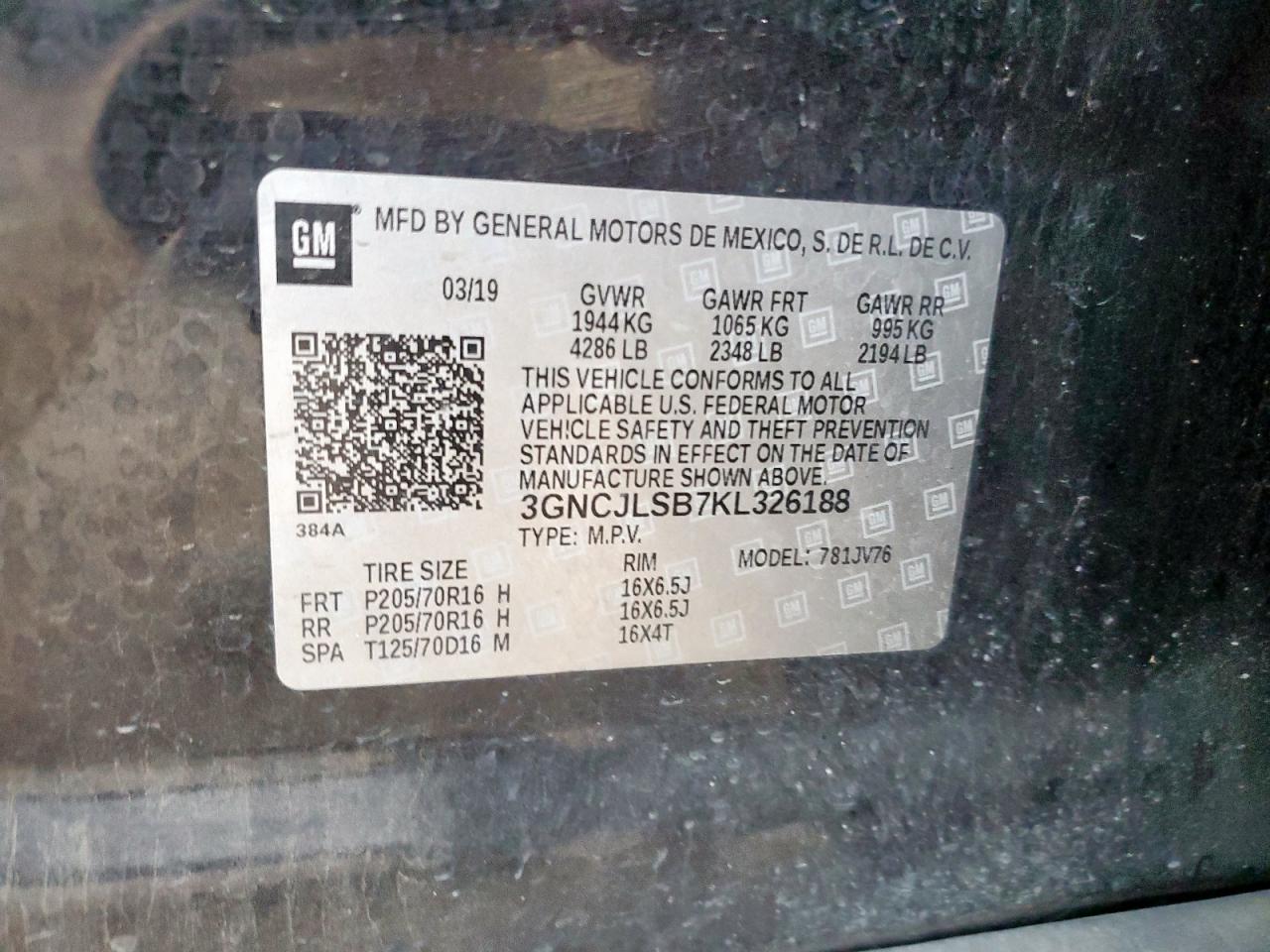 2019 Chevrolet Trax 1Lt VIN: 3GNCJLSB7KL326188 Lot: 93977485