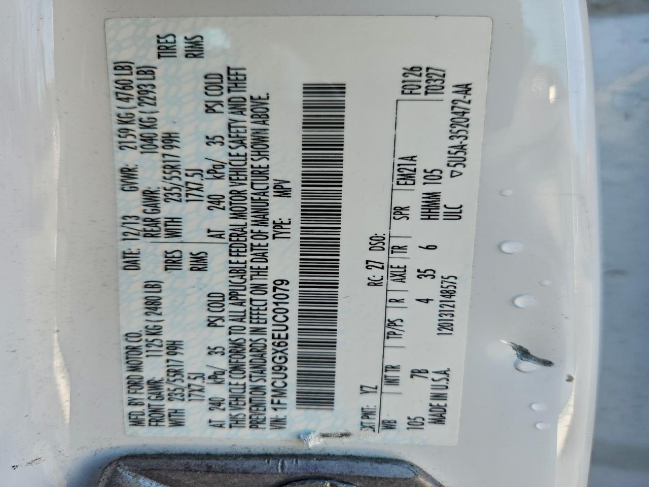 2014 Ford Escape Se VIN: 1FMCU9GX6EUC01079 Lot: 91619335