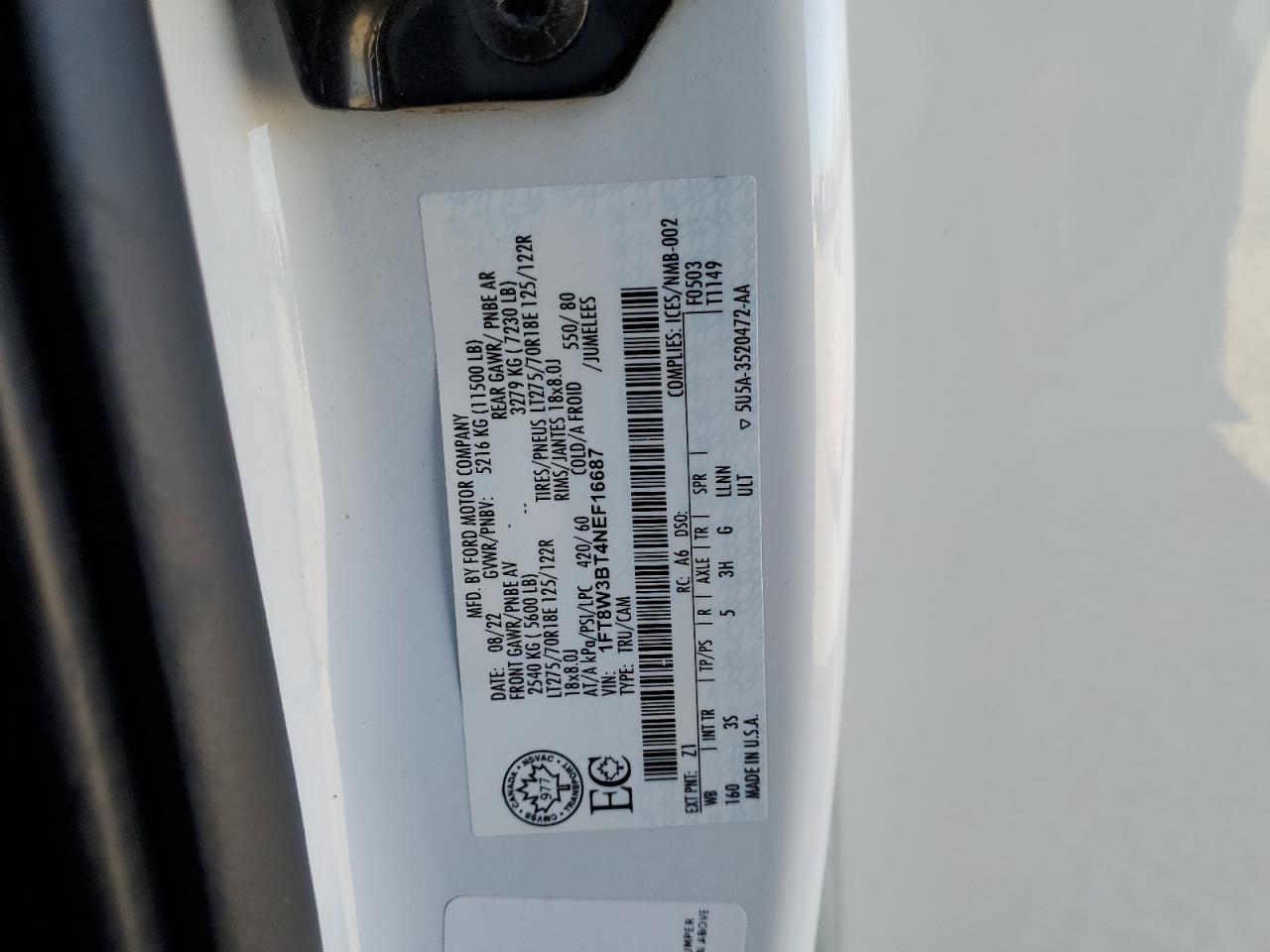 2022 Ford F350 Super Duty VIN: 1FT8W3BT4NEF16687 Lot: 92836365