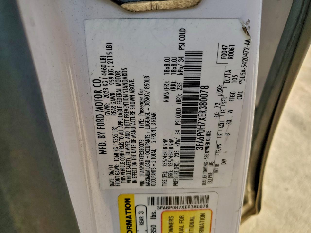 2014 Ford Fusion Se VIN: 3FA6P0H7XER380078 Lot: 94118625