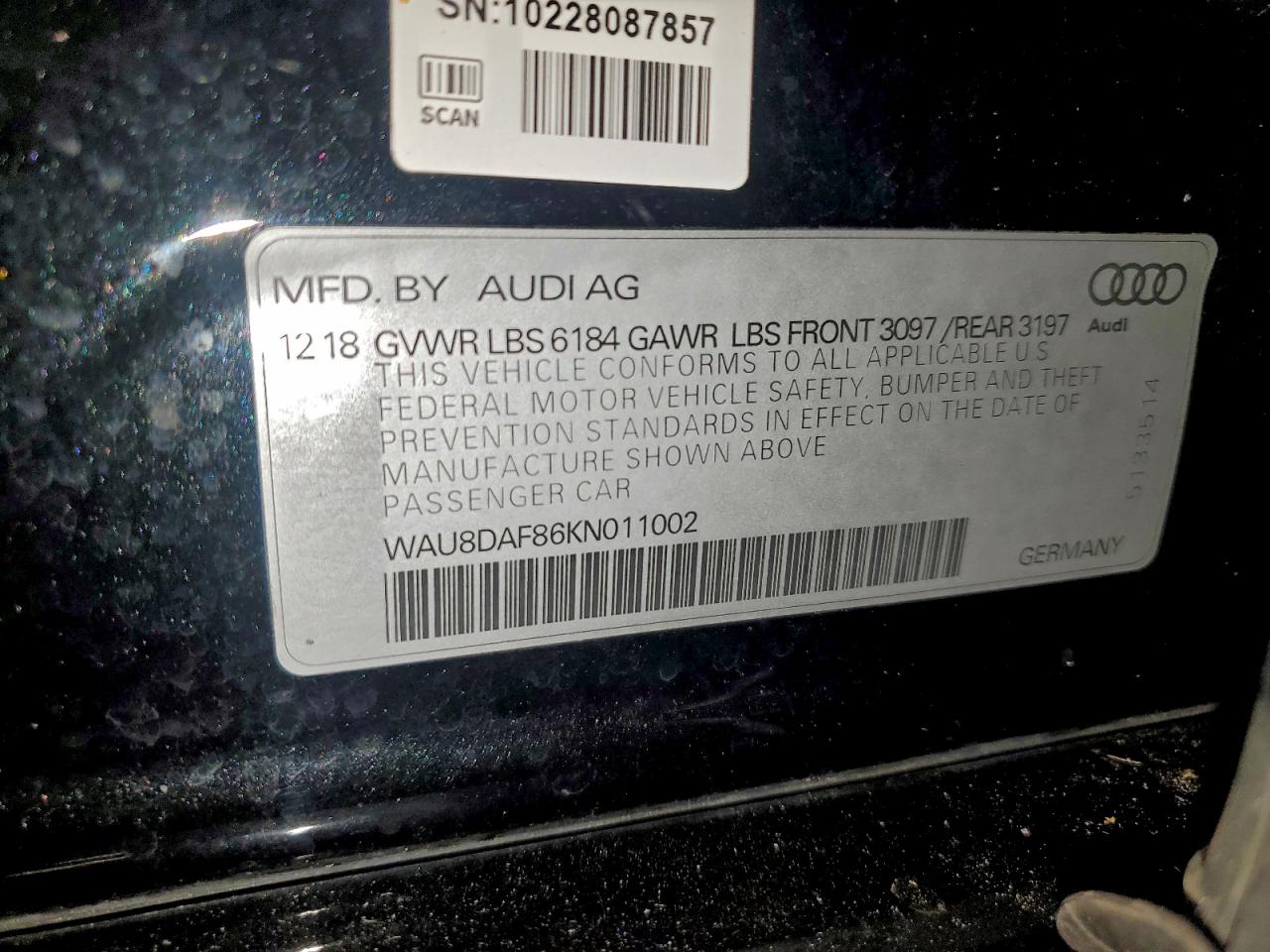 2019 Audi A8 L VIN: WAU8DAF86KN011002 Lot: 94368575