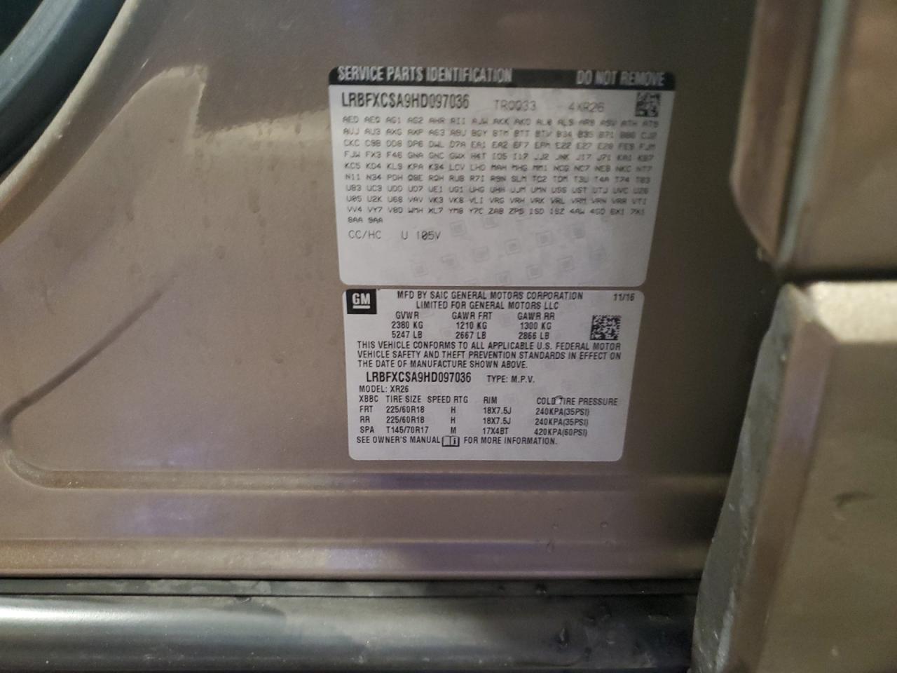 2017 Buick Envision Preferred VIN: LRBFXCSA9HD097036 Lot: 92590485