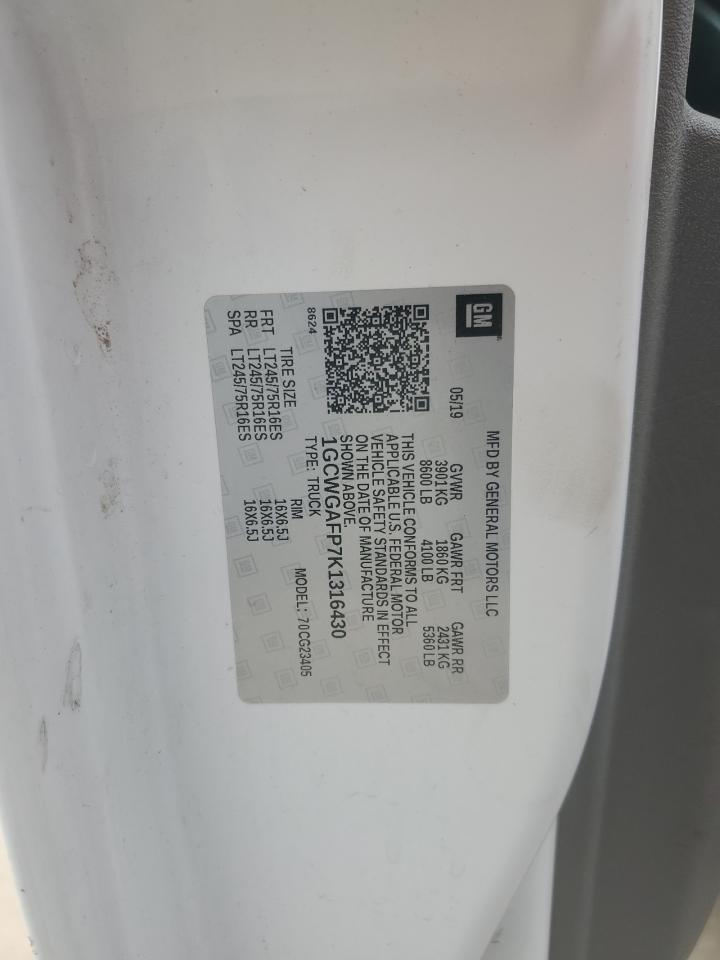 2019 Chevrolet Express 2500 Delivery Van VIN: 1GCWGAFP7K1316430 Lot: 91256925