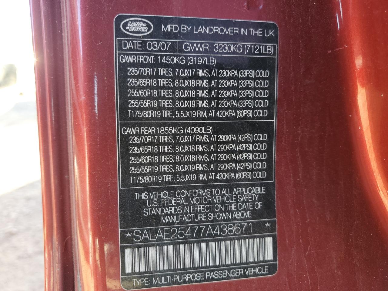 2007 Land Rover Lr3 Se VIN: SALAE25477A438671 Lot: 90715265