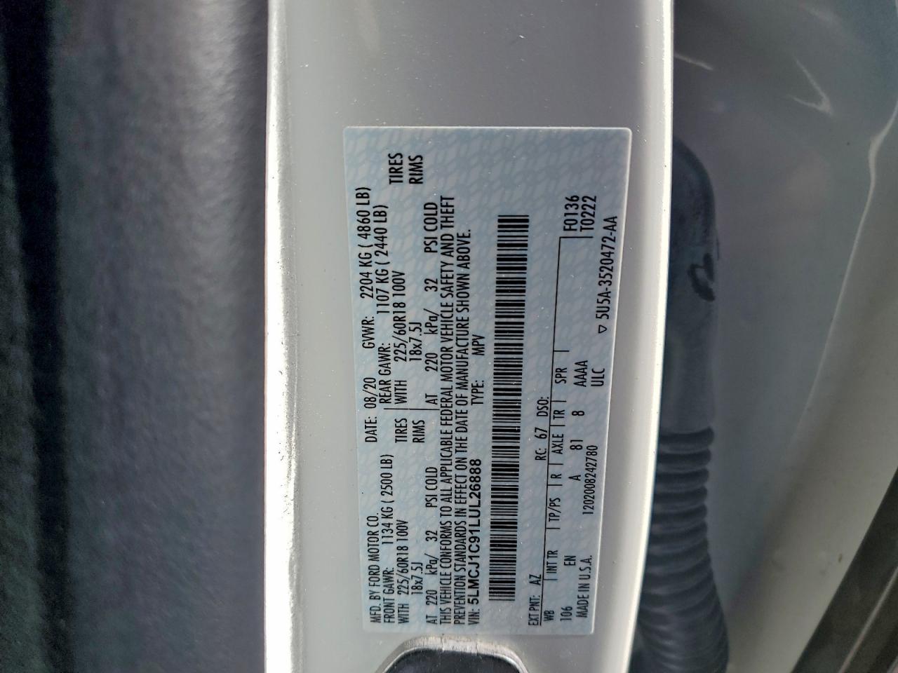 2020 Linc Corsair VIN: 5LMCJ1C91LUL26888 Lot: 93779335