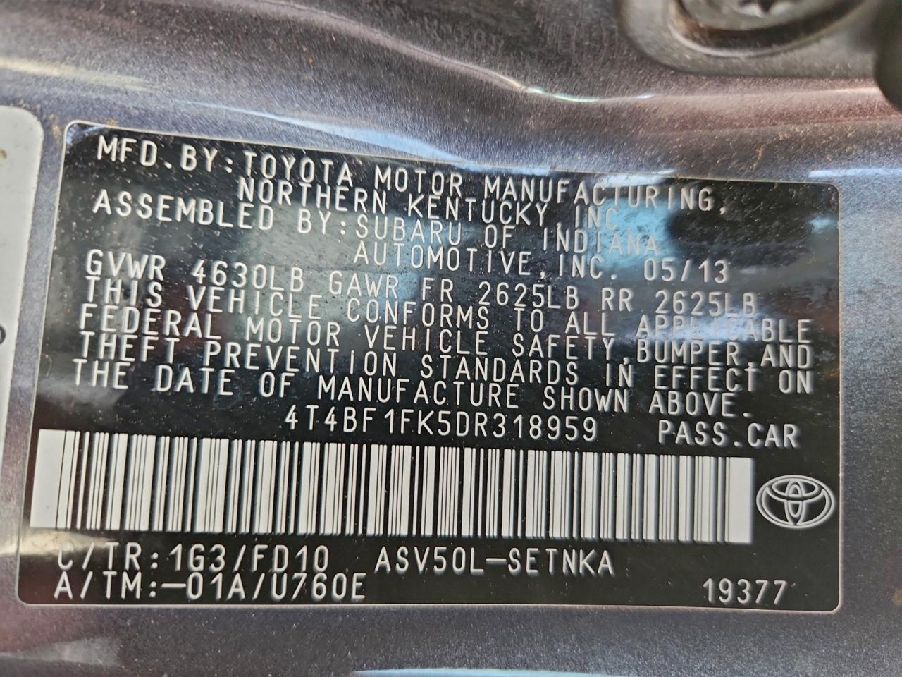 2013 Toyota Camry L VIN: 4T4BF1FK5DR318959 Lot: 94365575