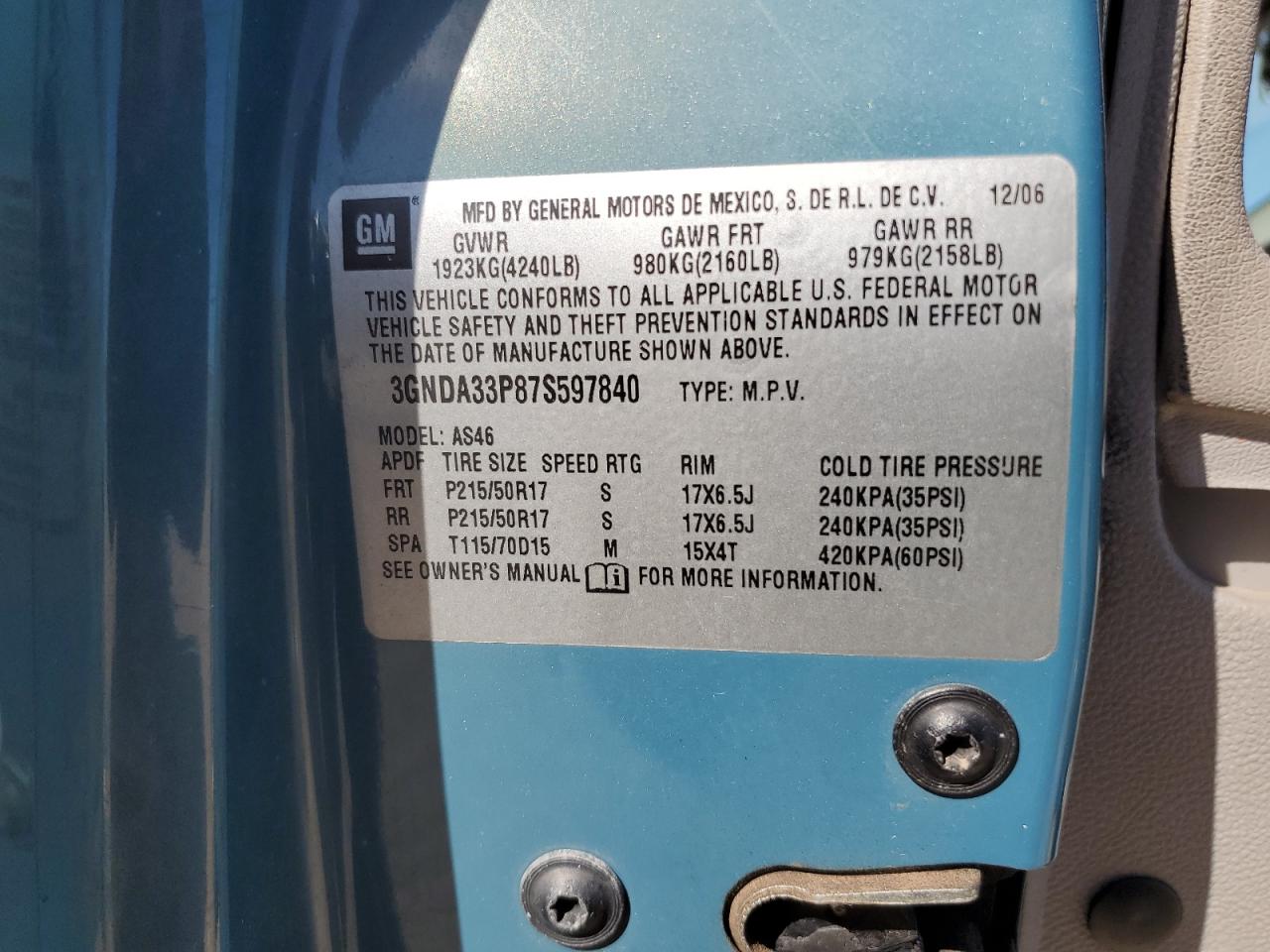 2007 Chevrolet Hhr Lt VIN: 3GNDA33P87S597840 Lot: 92681135