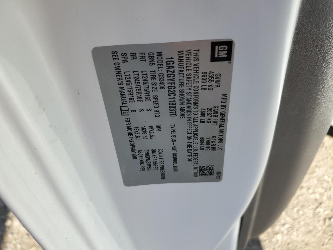 2012 Chevrolet Express G3500 Lt VIN: 1GAZGYFG2C1180370 Lot: 92365775