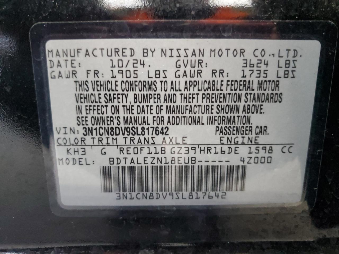 2025 Nissan Versa S VIN: 3N1CN8DV9SL817642 Lot: 93754505