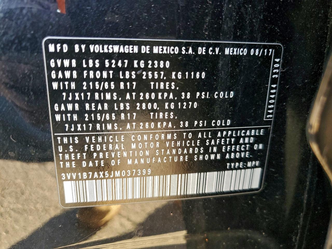 2018 Volkswagen Tiguan S VIN: 3VV1B7AX5JM037399 Lot: 93493145