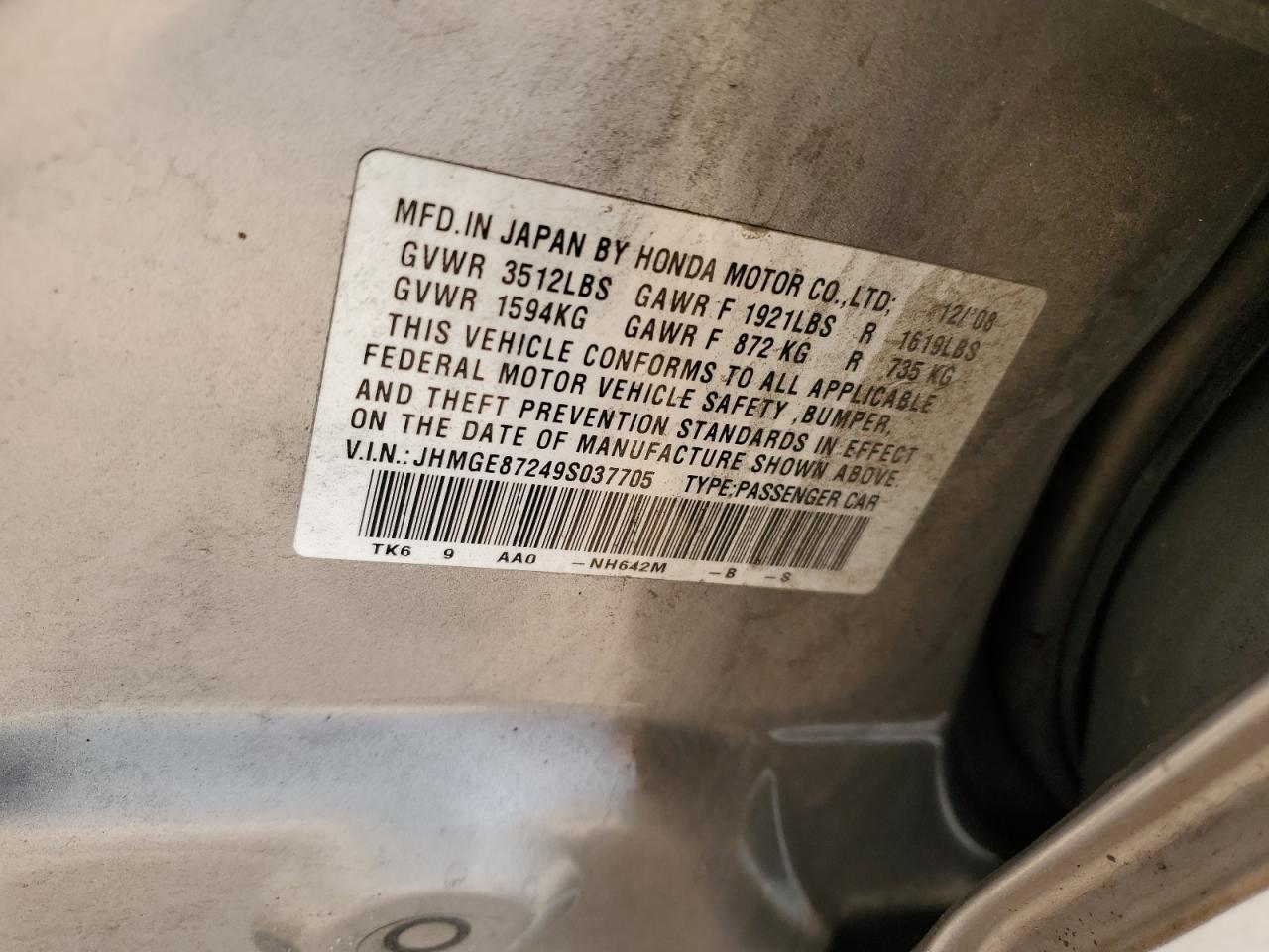 2009 Honda Fit VIN: JHMGE87249S037705 Lot: 92124045