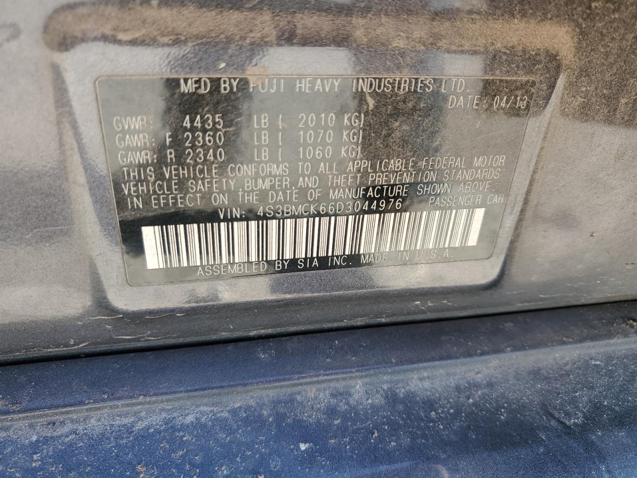 2013 Subaru Legacy 2.5I Limited VIN: 4S3BMCK66D3044976 Lot: 91941875