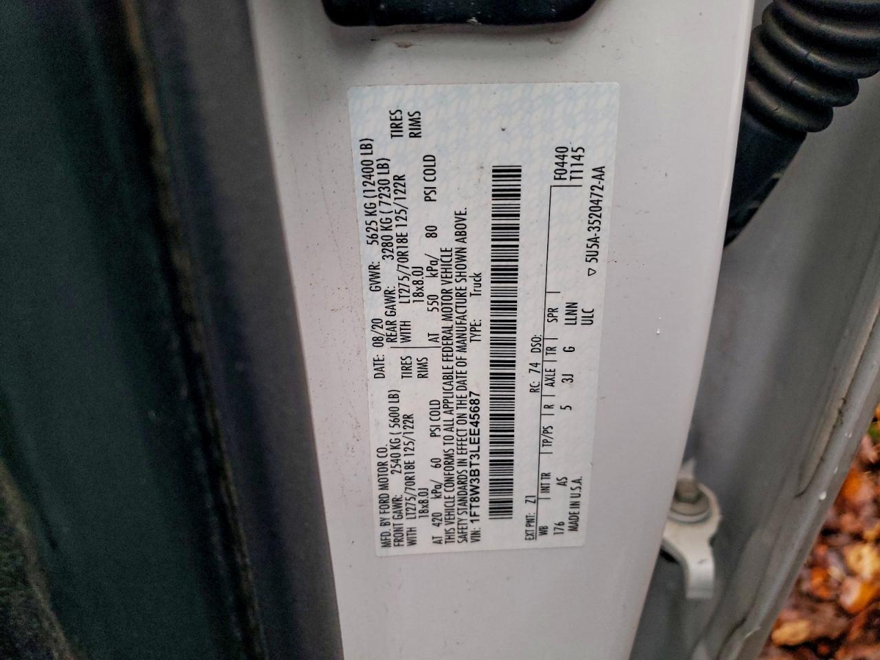 2020 Ford F350 Super Duty VIN: 1FT8W3BT3LEE45687 Lot: 91941755