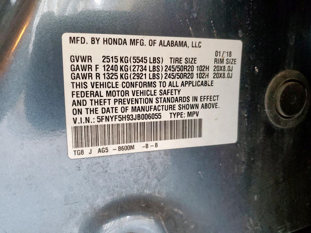 2018 Honda Pilot Touring VIN: 5FNYF5H93JB006055 Lot: 92451695