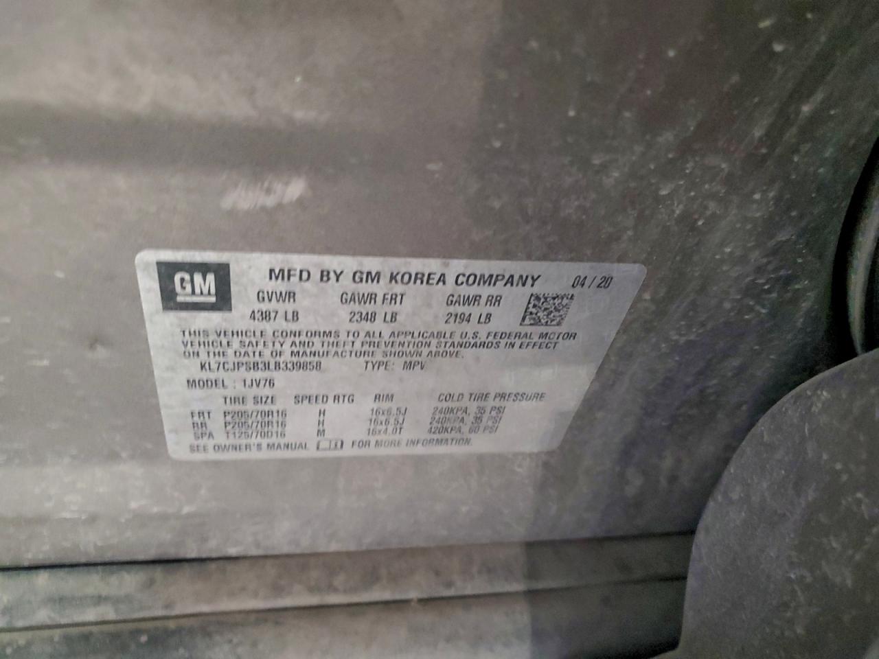 2020 Chevrolet Trax 1Lt VIN: KL7CJPSB3LB339858 Lot: 94702675