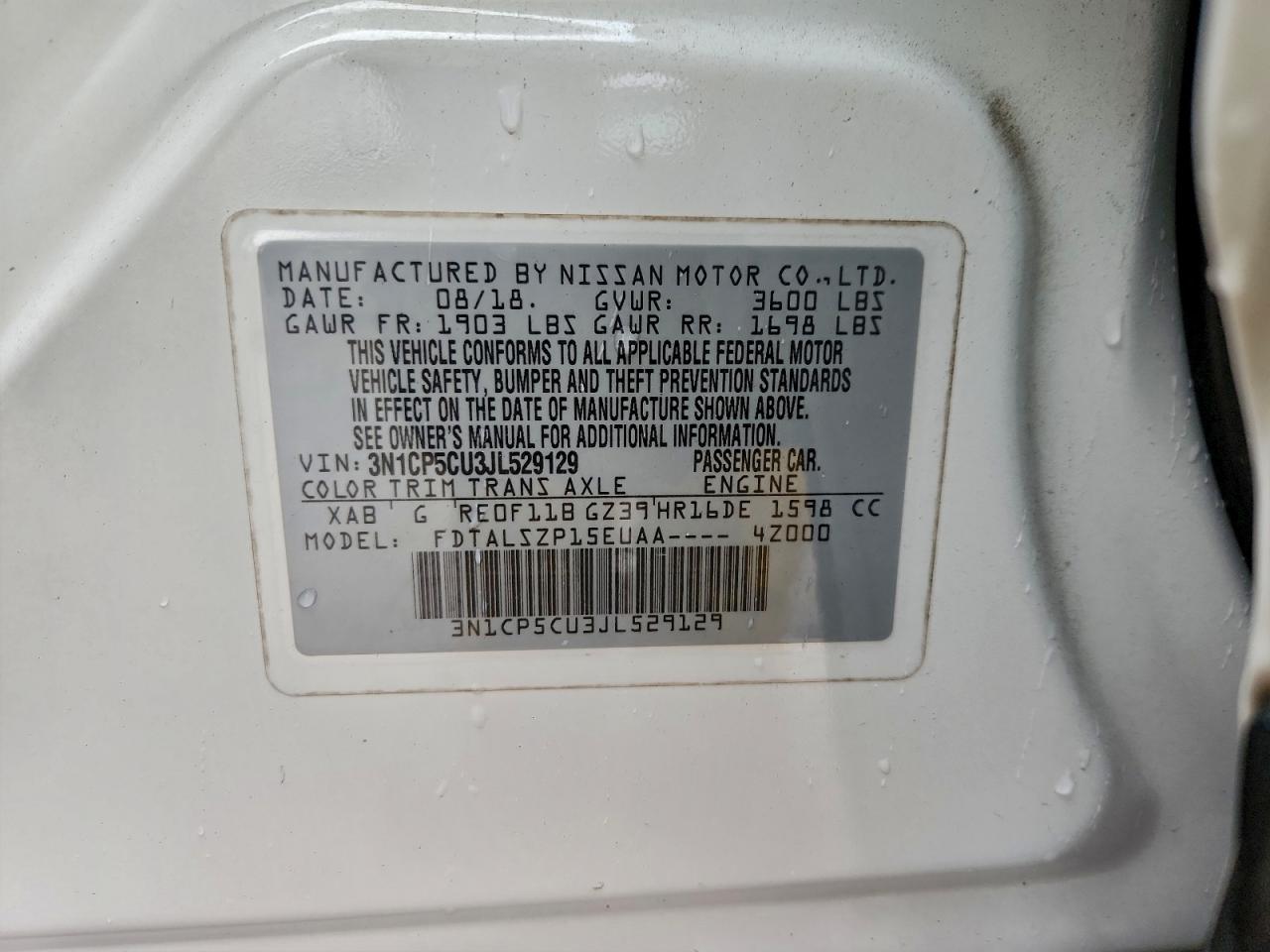 2018 Nissan Kicks S VIN: 3N1CP5CU3JL529129 Lot: 94256405